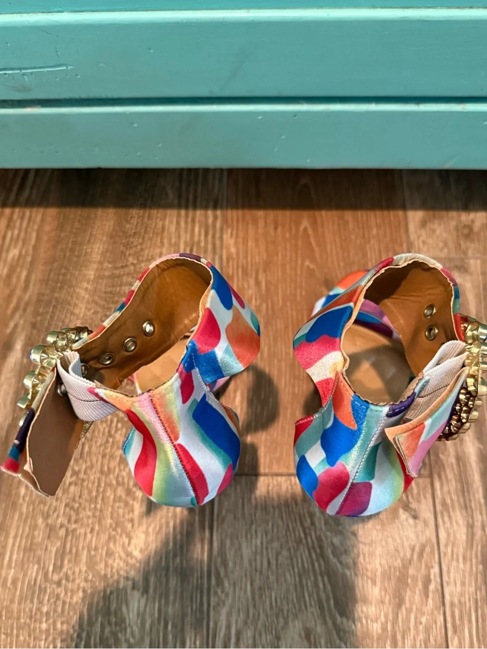 Anne Michelle 4” open toe heels multicolor rhinestone SZ 6/36 FLAW